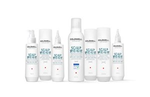 Seven goldwell products in white bottles on a white background